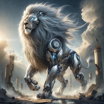 Primary subject: A lion with a mechanical body.

Setting/background: The lion is standing in a cloudy sky, with a building in the background.

Visual style: The image is a digital art or illustration.

Colors and mood: The lion has a blue and white color scheme, and the overall atmosphere is futuristic and surreal.